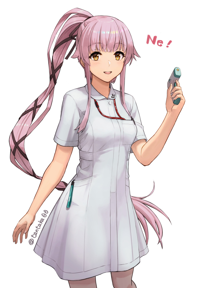 1girl alternate_costume blush brown_eyes commentary_request cowboy_shot digital_thermometer dress eyebrows_visible_through_hair hair_flaps hair_ribbon holding_thermometer indoors kantai_collection long_hair looking_at_viewer nurse open_mouth pink_hair ponytail ribbon short_sleeves simple_background smile solo tantaka thermometer translation_request very_long_hair white_background white_dress yura_(kancolle)
