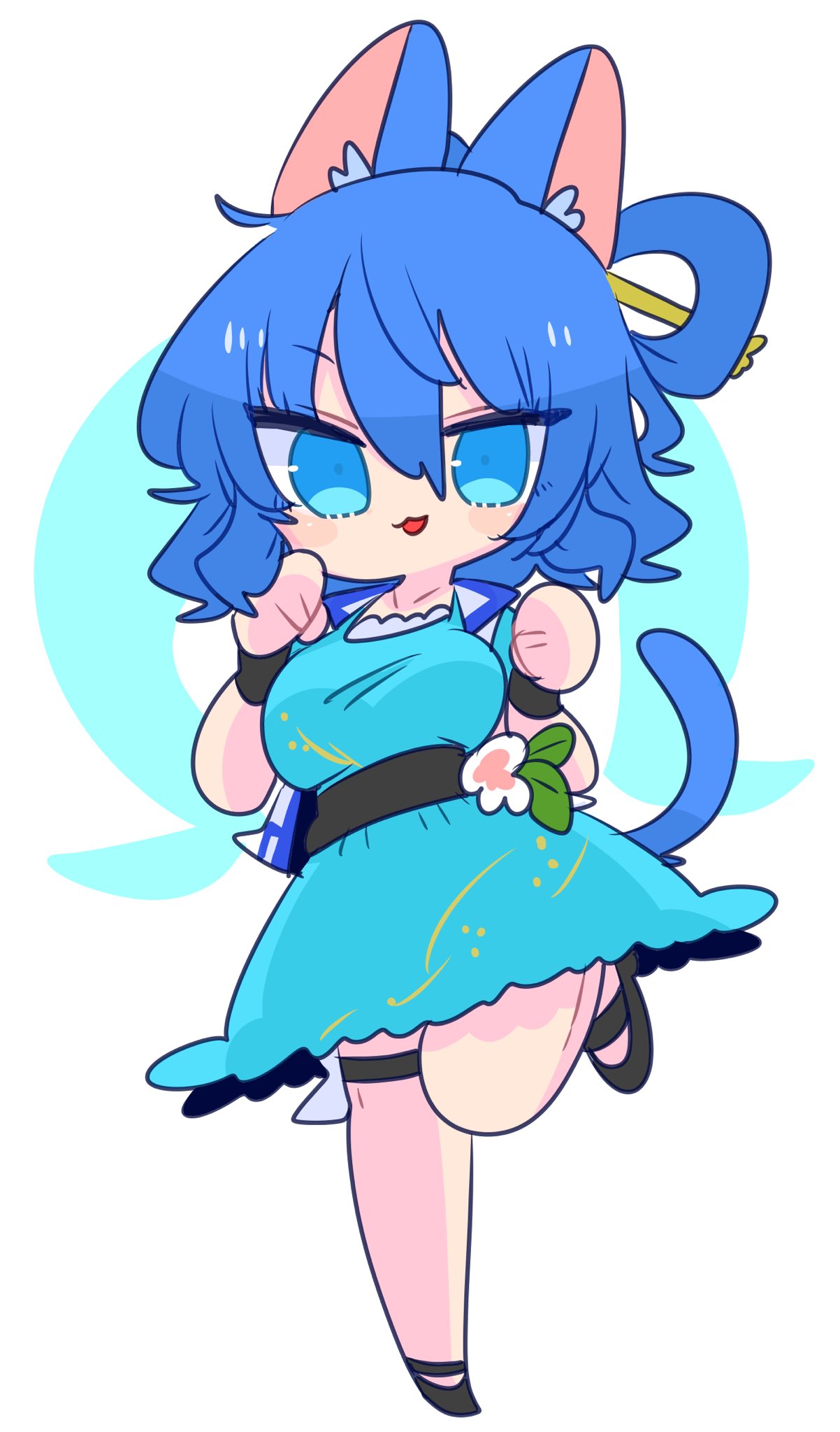 1girl animal_ear_fluff animal_ears aqua_dress bangs belt blue_dress blue_eyes blue_hair breasts cat_ears cat_girl cat_tail collared_vest dress drill_locks eyebrows_visible_through_hair flower frills garters hagoromo hair_ornament hair_rings hair_stick hat_ornament highres kaku_seiga light_blue_hair medium_breasts medium_hair op_na_yarou open_clothes open_vest paw_pose puffy_short_sleeves puffy_sleeves shawl short_sleeves star_(symbol) star_hat_ornament tail tail_raised touhou vest white_vest