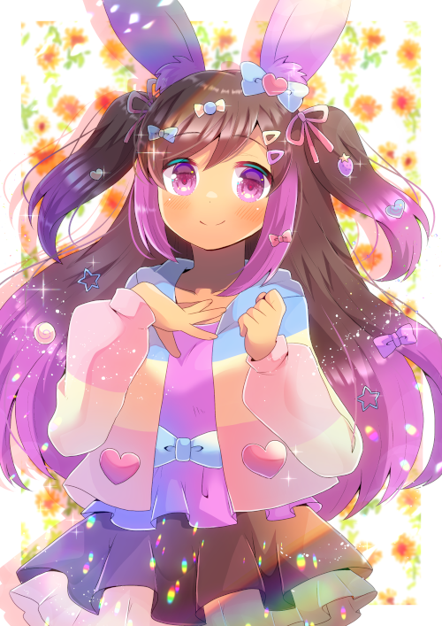 1girl animal_ear_fluff animal_ears bangs blue_bow bow brown_hair brown_skirt character_request closed_mouth eyebrows_visible_through_hair gradient_hair hair_between_eyes hands_up hood hood_down hooded_jacket indie_virtual_youtuber jacket kouu_hiyoyo layered_skirt long_hair looking_at_viewer multicolored_hair open_clothes open_jacket pink_hair pleated_skirt puffy_short_sleeves puffy_sleeves purple_bow purple_shirt rabbit_ears shirt short_sleeves skirt smile solo star_(symbol) two_side_up very_long_hair violet_eyes virtual_youtuber
