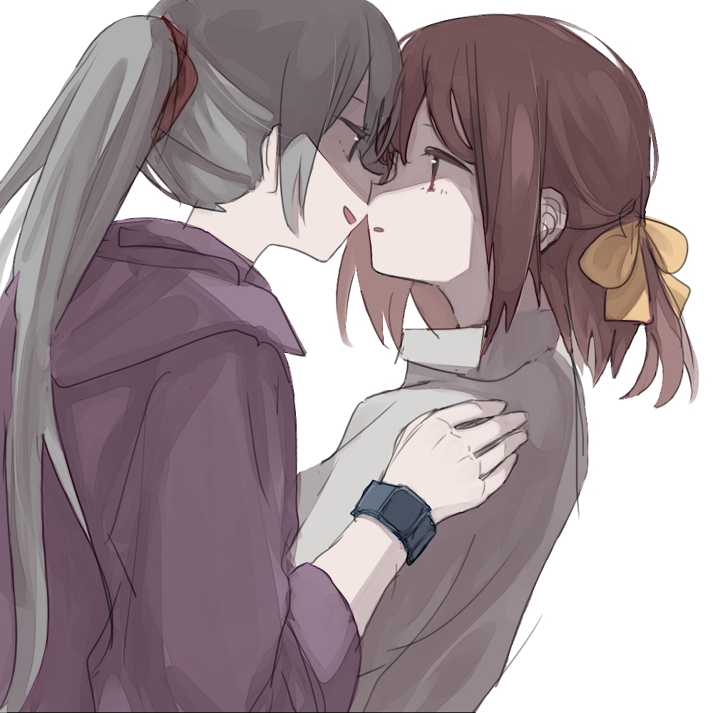 2girls bow brown_hair commentary dutch_angle eye_contact grey_hair grey_shirt hair_bow hand_on_another's_shoulder hood hoodie imminent_kiss inuko_(ink0425) long_hair looking_at_another medium_hair multiple_girls original parted_lips ponytail purple_hoodie shirt simple_background smile upper_body watch watch white_background yellow_bow yuri