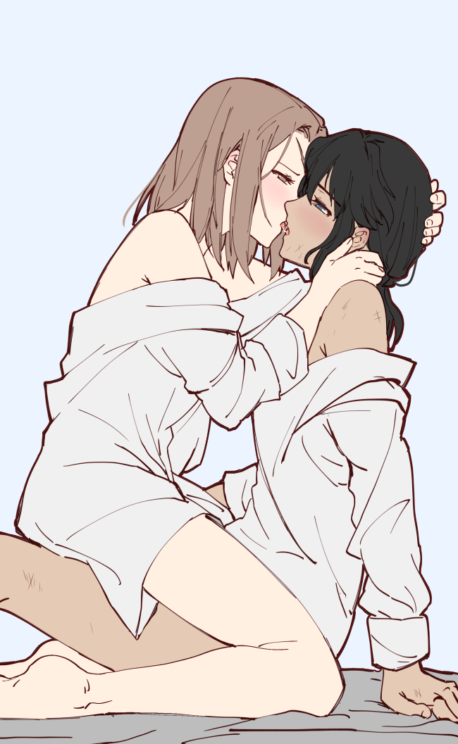 2girls aqua_eyes arm_support bare_legs bare_shoulders barefoot black_hair blue_background blue_shirt blush brown_eyes brown_hair commentary_request dark-skinned_female dark_skin french_kiss from_side hand_on_another's_head hand_on_another's_neck iceky kiss long_hair long_sleeves low_ponytail medium_hair multiple_girls naked_shirt no_pants off_shoulder original profile saliva scar_on_arm scar_on_forehead shirt simple_background straddling upright_straddle yuri