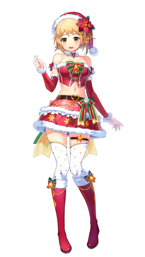 1girl :d bare_shoulders bell belt blonde_hair boots bow bowtie breasts brown_eyes choker christmas crop_top detached_sleeves flower full_body fur_collar fur_trim haru_estia hat hat_flower knee_boots large_breasts long_sleeves looking_at_viewer midriff miniskirt navel official_art open_mouth red_footwear red_headwear red_shirt red_skirt revealing_clothes santa_costume santa_hat shirt short_hair simple_background skirt smile solo soul_worker stomach strapless_shirt thigh-highs thigh_strap white_background white_legwear zettai_ryouiki