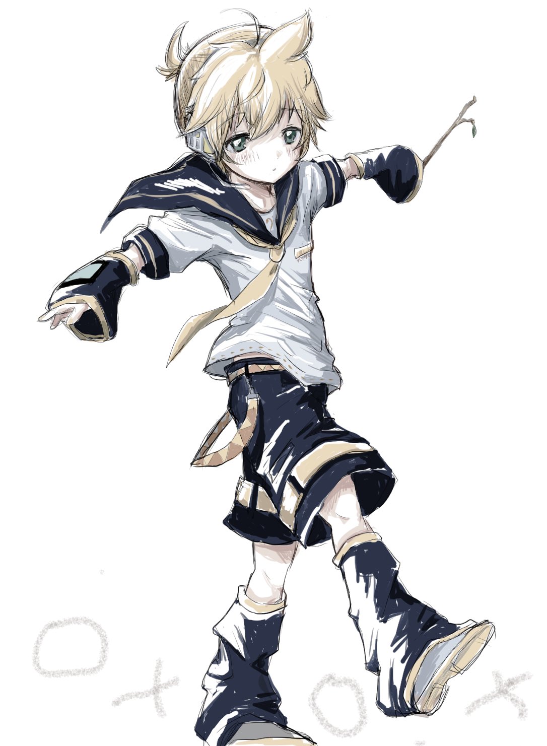 1boy arm_warmers bass_clef black_collar black_shorts blonde_hair collar green_eyes half-closed_eyes highres holding holding_stick kagamine_len leg_warmers male_focus necktie outstretched_arms sailor_collar school_uniform shirt short_ponytail short_sleeves shorts sketch solo spiky_hair stick twig umijiroo vocaloid walking white_shirt yellow_neckwear