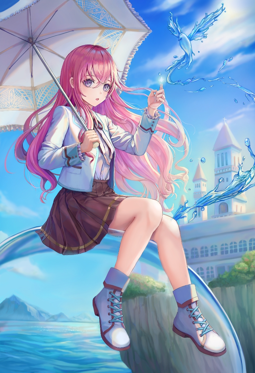 1girl :o bangs bird castle clouds cross-laced_footwear day floating_hair hair_between_eyes highres holding holding_umbrella jacket kama_(kama_ovo) long_hair long_sleeves looking_at_viewer magic neck_ribbon original outdoors pink_hair pleated_skirt red_ribbon red_skirt ribbon shirt shirt_tucked_in shoes sitting skirt sky solo umbrella water white_footwear white_jacket white_shirt