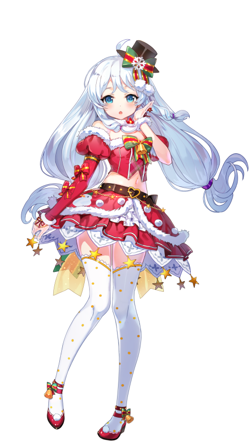1girl :o ahoge bare_shoulders belt black_headwear blue_eyes christmas crop_top detached_sleeves full_body fur_collar fur_trim hand_up hat heart juliet_sleeves long_hair long_sleeves looking_at_viewer low_twintails midriff mini_hat miniskirt navel official_art open_mouth puffy_sleeves red_footwear red_shirt red_skirt revealing_clothes santa_costume shirt shoes simple_background skirt solo soul_worker stella_unibell strapless_shirt thigh-highs top_hat twintails very_long_hair white_background white_hair white_legwear zettai_ryouiki