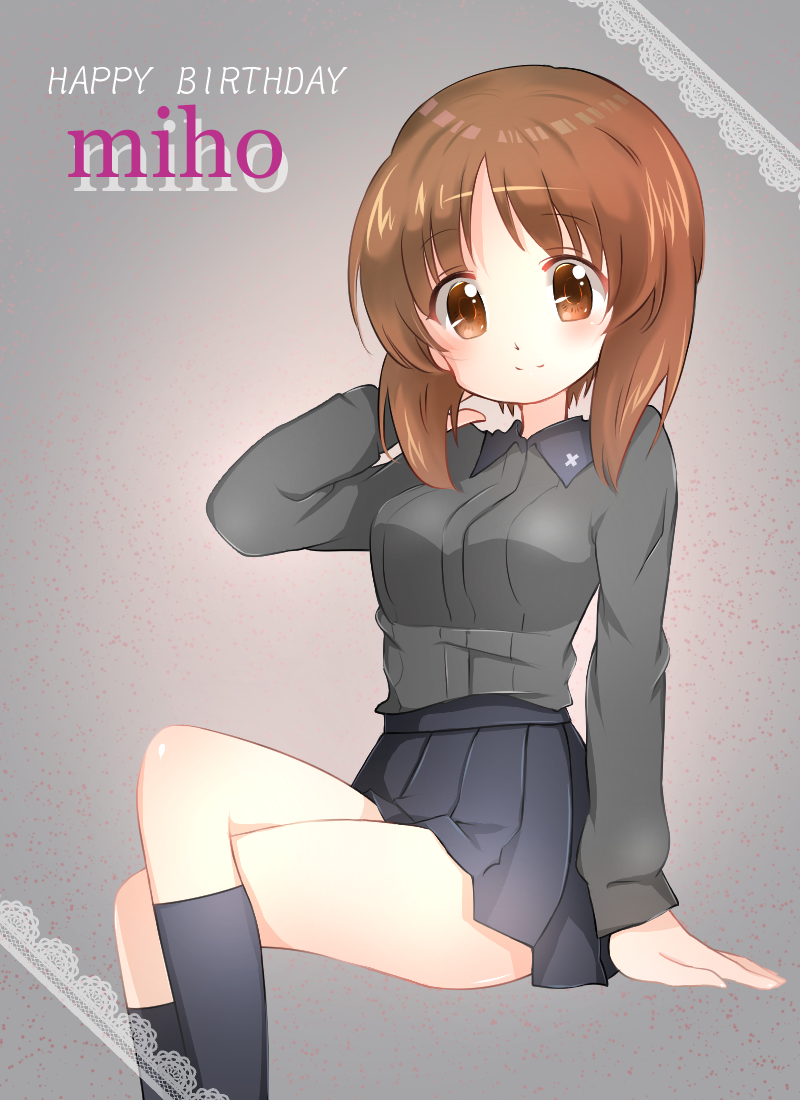 1girl bangs birthday black_legwear black_skirt brown_eyes brown_hair character_name closed_mouth commentary_request crossed_legs doily dress_shirt english_text eyebrows_visible_through_hair girls_und_panzer grey_background grey_shirt hand_in_hair happy_birthday insignia invisible_chair kneehighs kuromorimine_school_uniform long_sleeves looking_at_viewer miniskirt nishizumi_miho pleated_skirt rurikoke school_uniform shirt short_hair sitting skirt smile solo wing_collar