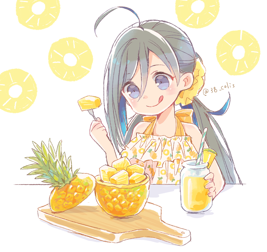 1girl ahoge alternate_costume blue_eyes blue_hair blush colis dress drinking_straw food fork fruit grey_hair holding holding_fork kantai_collection kiyoshimo_(kancolle) long_hair low_twintails pineapple sleeveless sleeveless_dress smile solo tongue tongue_out twintails