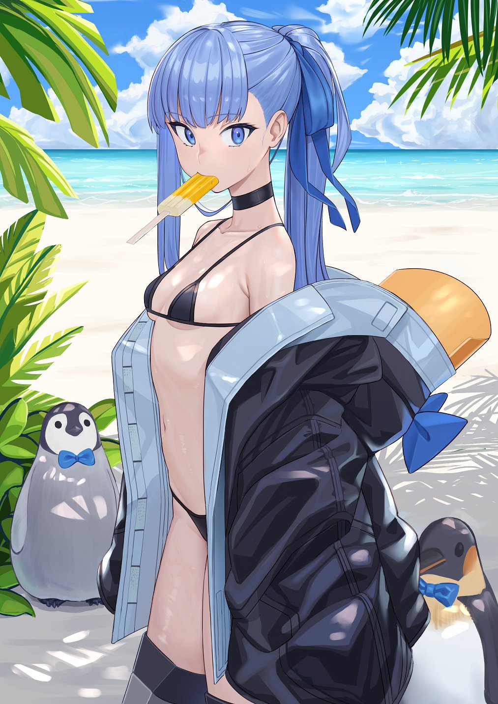 1girl beach bikini bird black_bikini black_choker blue_eyes bow bowtie breasts choker clouds coat fate/grand_order fate_(series) food food_in_mouth highres hood hood_down meltryllis_(fate) meltryllis_(swimsuit_lancer)_(fate) michitaro_smile micro_bikini navel ocean penguin ponytail popsicle purple_hair small_breasts swimsuit