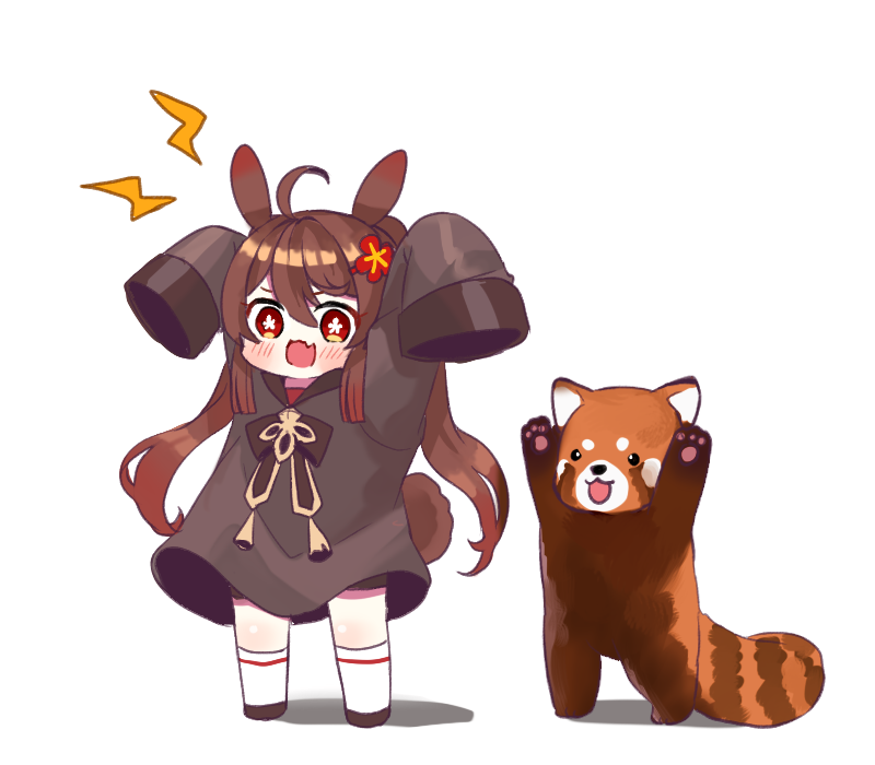 1girl :d absurdly_long_hair ahoge animal_ears arms_up bangs black_footwear black_shirt blush brown_hair bunny_tail chibi chinese_clothes commentary_request eyebrows_visible_through_hair full_body genshin_impact hair_between_eyes hu_tao_(genshin_impact) kemonomimi_mode kneehighs long_hair long_sleeves looking_at_viewer miyako_draw open_mouth oversized_clothes oversized_shirt rabbit_ears red_eyes red_panda shirt sidelocks simple_background sleeves_past_wrists smile symbol-shaped_pupils tail twintails very_long_hair white_background white_legwear younger