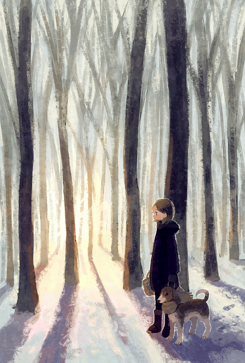 1girl bag black_coat black_footwear black_pants boots brown_hair coat dog highres holding holding_bag hood hood_down original pants profile sasakure_(mogunonbi) scarf shadow short_hair snow solo standing tree wide_shot winter winter_clothes