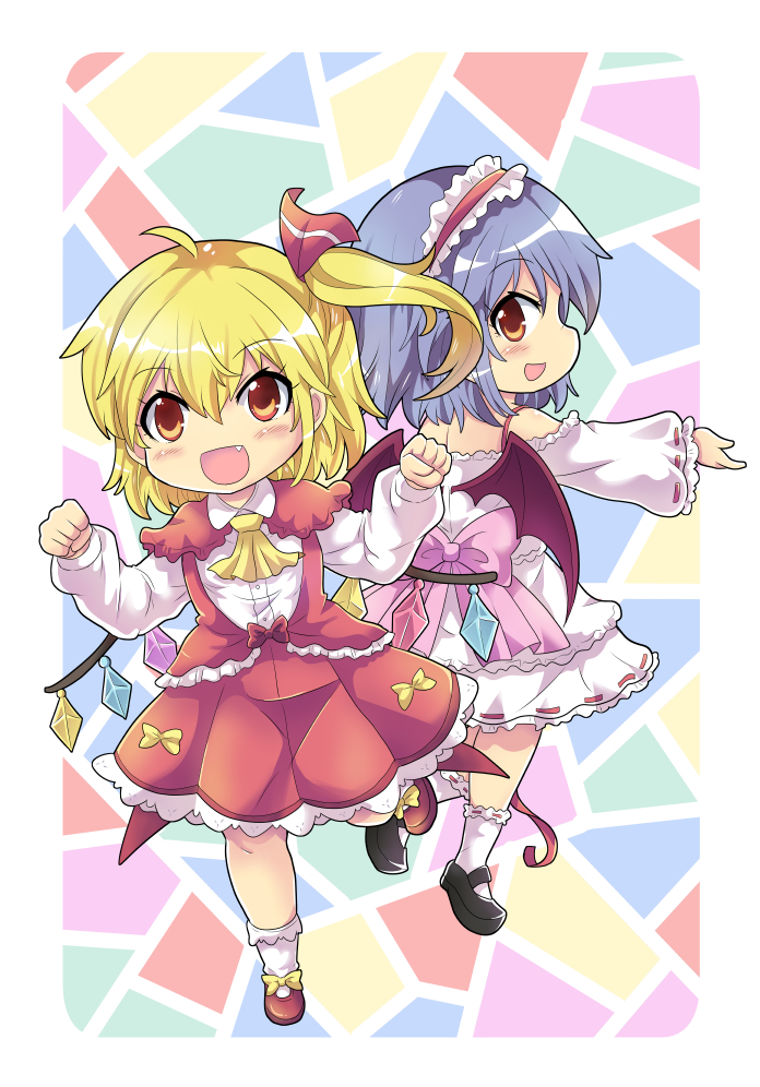 2girls ascot back-to-back bat_wings blonde_hair blush_stickers bow clenched_hands colonel_aki commentary_request dress fang flandre_scarlet footwear_bow hair_between_eyes hairband hand_up long_sleeves multiple_girls open_mouth purple_hair red_eyes shoes short_hair side_ponytail smile socks touhou wings