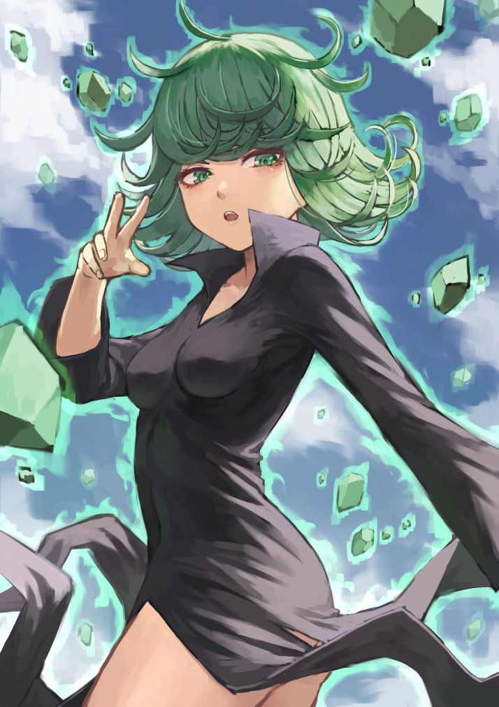 1girl ass bangs black_dress blush breasts collarbone commentary_request cowboy_shot curly_hair day dress fagi_(kakikaki) flipped_hair from_side green_eyes green_hair hand_up long_sleeves looking_at_viewer medium_hair one-punch_man open_mouth outdoors revision rock side_slit small_breasts solo tatsumaki upper_teeth