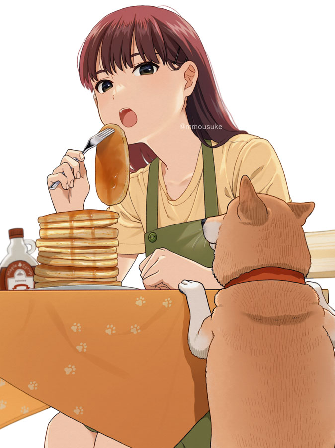 1girl apron brown_hair dog food fork green_apron holding holding_fork long_hair mattaku_mousuke open_mouth original pancake plate shiba_inu shirt short_sleeves simple_background sitting solo stack_of_pancakes syrup table twitter_username white_background yellow_shirt