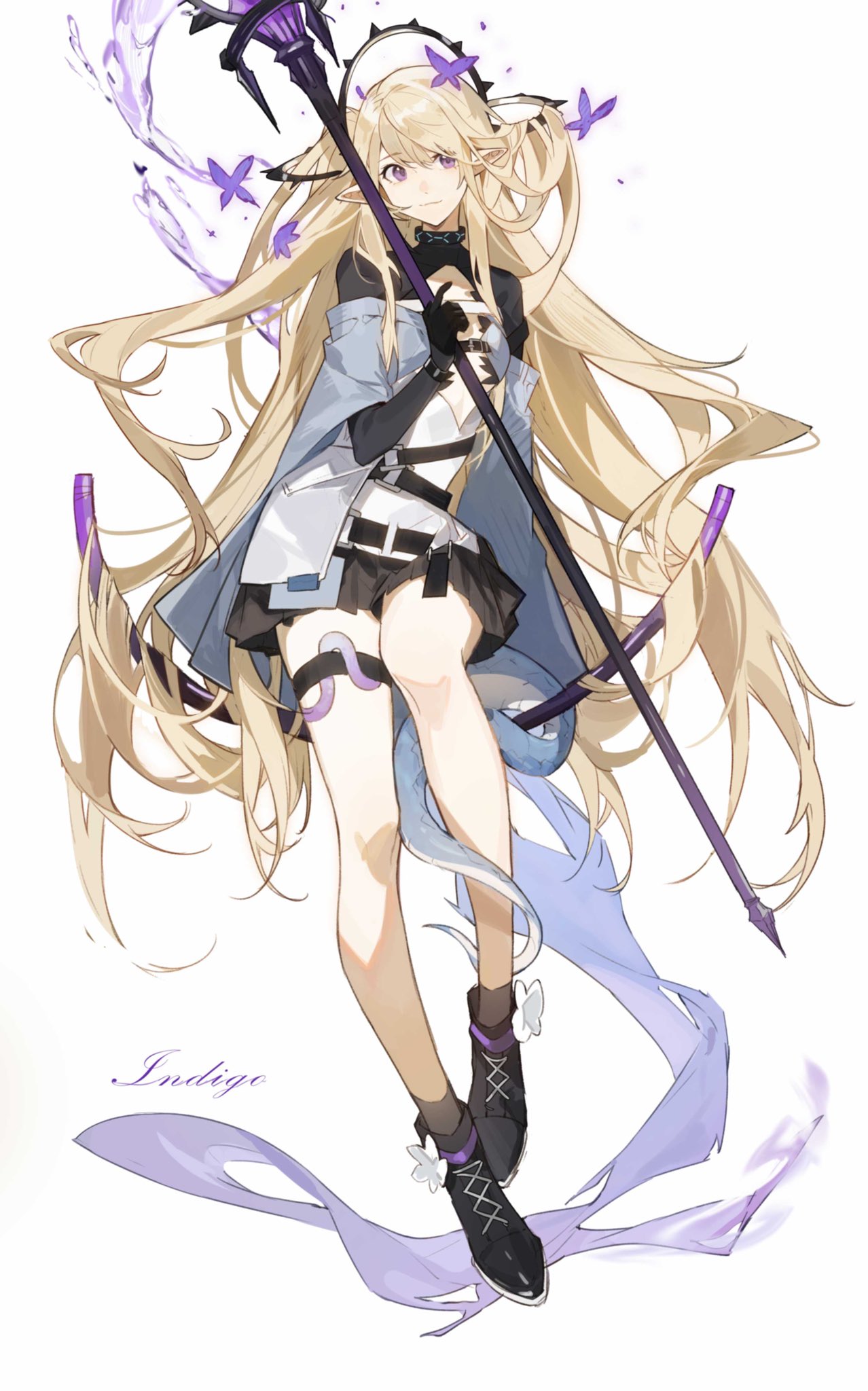 1girl arknights black_footwear black_legwear black_skirt blonde_hair blue_jacket commentary full_body headgear highres holding holding_staff indigo_(arknights) jacket long_hair pointy_ears shirt shoes simple_background skirt snake socks solo staff standing sumerypines symbol_commentary thigh_strap very_long_hair violet_eyes white_background white_shirt