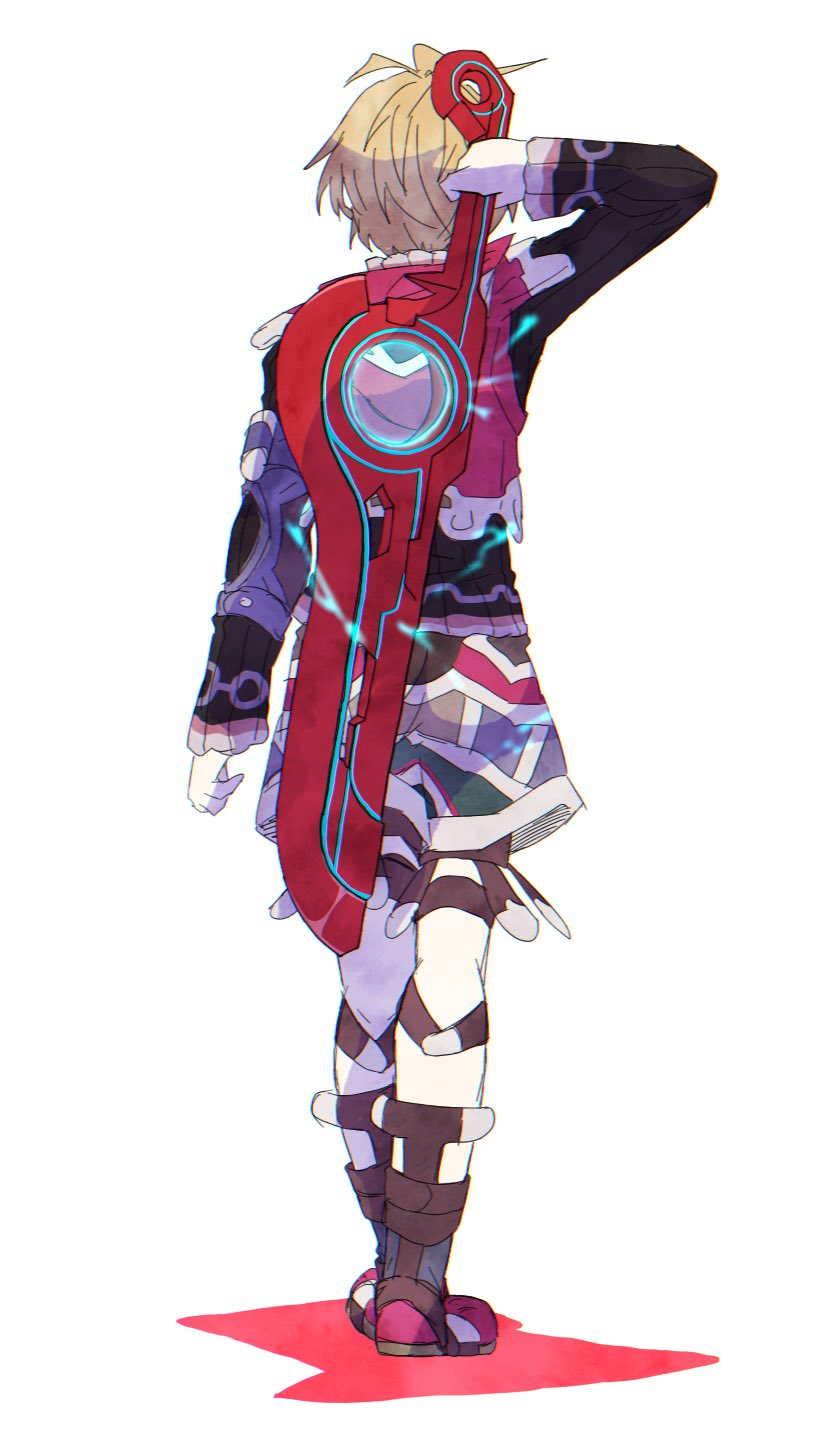 1boy blonde_hair colored_shadow from_behind full_body highres long_sleeves monado mugimugis shadow shorts shulk_(xenoblade) simple_background solo walking weapon weapon_on_back white_background xenoblade_chronicles xenoblade_chronicles_(series)