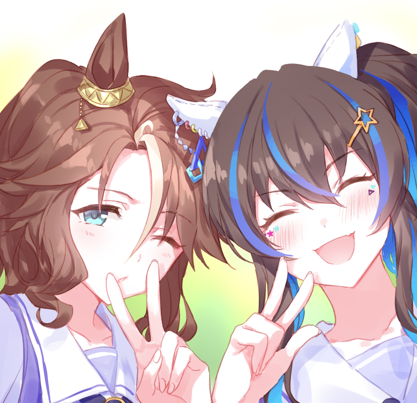 2girls :d animal_ears aqua_eyes chestnut_mouth daitaku_helios_(umamusume) ear_covers ear_ornament facepaint fang gradient gradient_background green_background hair_ornament hairclip horse_ears mejiro_palmer_(umamusume) multicolored_hair multiple_girls one_eye_closed open_mouth romi_(346_ura) school_uniform side-by-side skin_fang smile star_(symbol) star_hair_ornament streaked_hair tracen_school_uniform umamusume v white_background