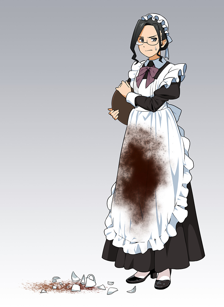 1girl apron black_dress black_footwear black_hair black_sleeves broken broken_cup closed_mouth coffee dress embarrassed glasses gradient gradient_background grey_background hat holding holding_tray long_sleeves maid maid_apron maid_headdress medium_hair mob_cap original shattered solo stained_clothes suzushiro_(suzushiro333) sweatdrop tray v-shaped_eyebrows white_headwear