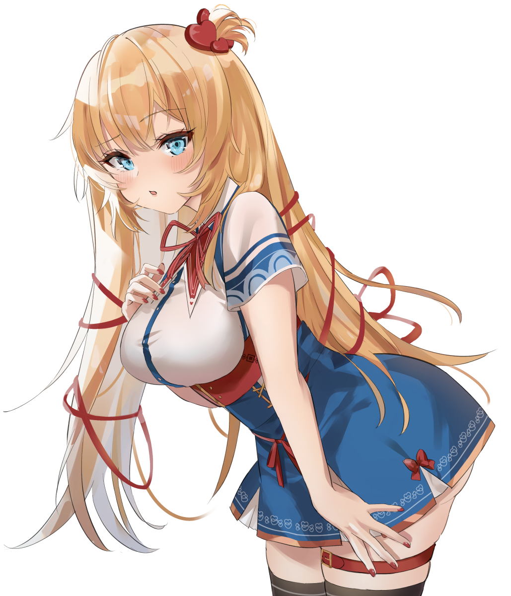 1girl akai_haato bangs black_legwear blonde_hair blue_eyes blue_skirt blush bow breasts commentary cowboy_shot eyebrows_visible_through_hair hair_ornament hair_ribbon hand_on_own_chest hand_on_own_thigh hand_up heart heart_hair_ornament high-waist_skirt highres hololive large_breasts leaning_forward long_hair looking_at_viewer milluun nail_polish one_side_up parted_lips red_bow red_nails red_ribbon ribbon shirt short_sleeves simple_background skirt solo standing thigh-highs thigh_strap very_long_hair virtual_youtuber white_background white_shirt