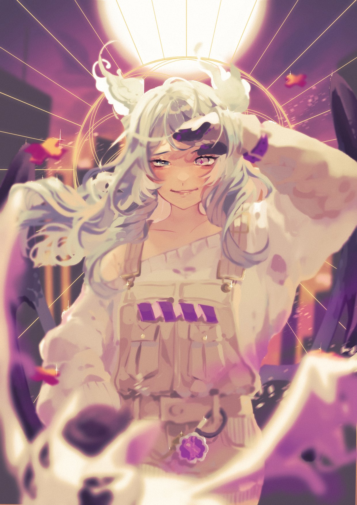 1girl animal_ears black_sclera blurry blurry_foreground collarbone colored_sclera dragon dragon_ears dragon_girl dragon_wings elira_pendora english_commentary euphie_vt flying gloves grey_gloves grey_overalls heterochromia highres looking_at_viewer low_wings nijisanji nijisanji_en off_shoulder overall_shorts overalls parted_lips pikl_(elira_pendora) smile solo sweater violet_eyes virtual_youtuber white_eyes white_sweater wings