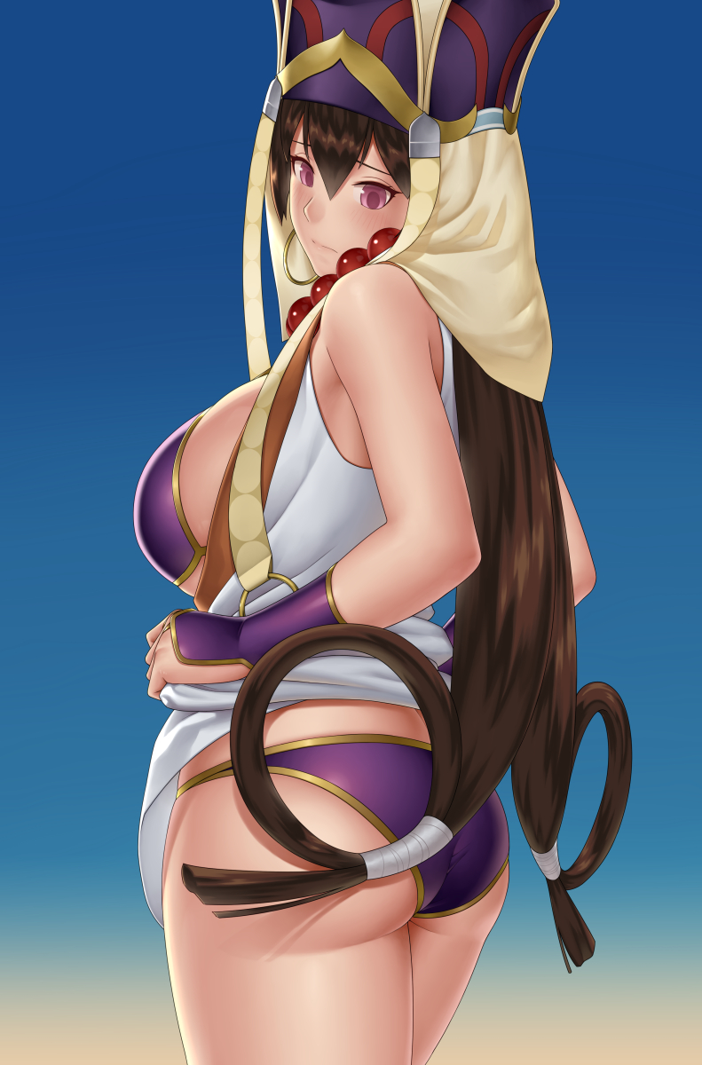 1girl ass bangs bare_shoulders bead_necklace beads bikini breasts bridal_gauntlets brown_hair detached_sleeves fate/grand_order fate_(series) gonoike_biwa hair_between_eyes hat highres japanese_clothes jewelry kimono large_breasts long_hair looking_at_viewer necklace prayer_beads purple_bikini short_kimono sideboob sleeveless sleeveless_kimono swimsuit thighs violet_eyes white_kimono xuangzang_sanzang_(fate)