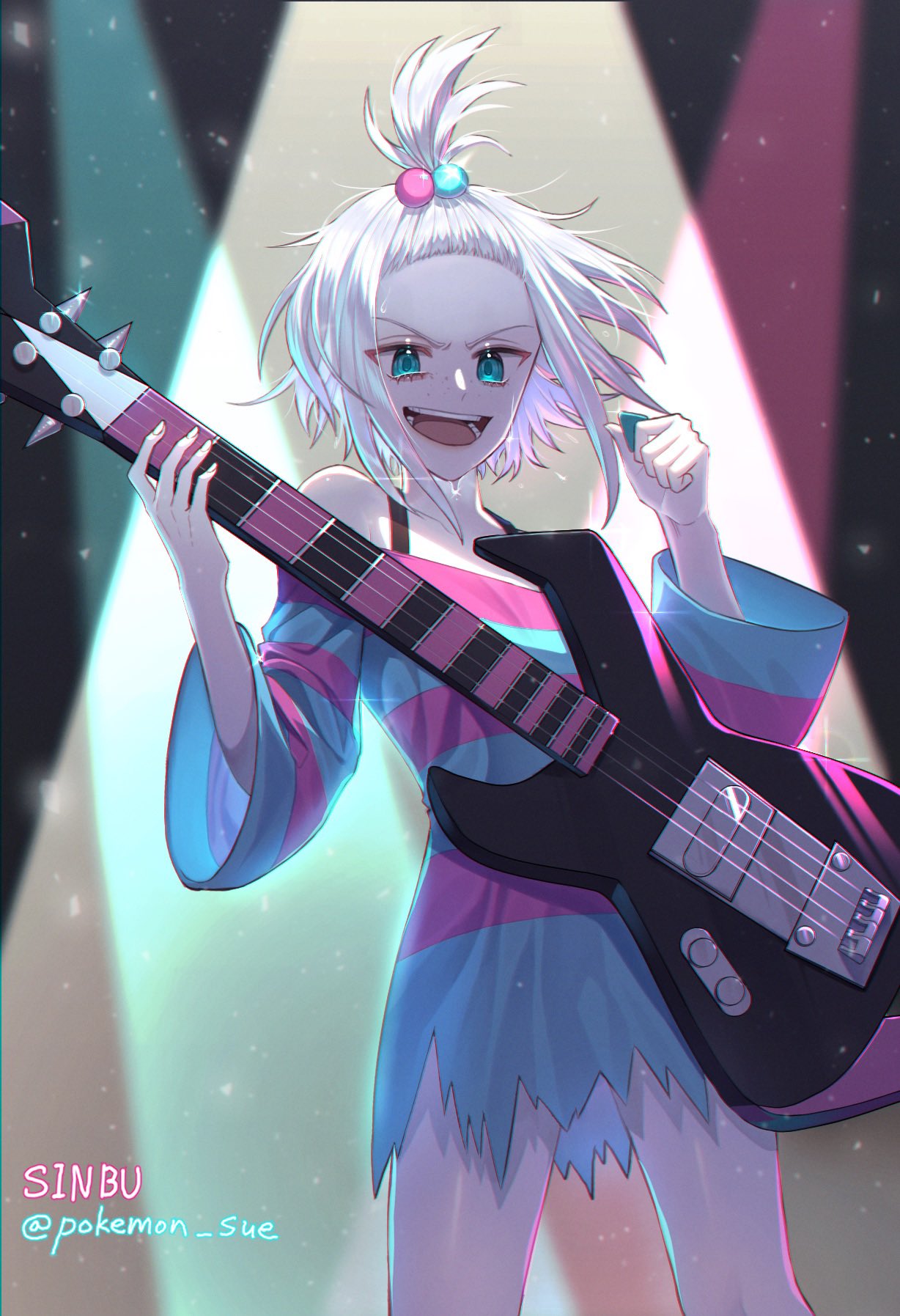 1girl bass_guitar blue_eyes dress flat_chest freckles gym_leader hair_bobbles hair_ornament highres instrument looking_at_viewer plectrum pokemon pokemon_(game) pokemon_bw2 pokemon_sue roxie_(pokemon) solo stage_lights standing striped striped_dress topknot white_hair