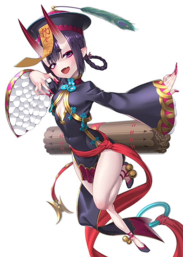 1girl :d bangs black_dress black_headwear blush bob_cut braid china_dress chinese_clothes cleavage_cutout clothing_cutout dress eyeliner fang fate/grand_order fate_(series) flat_chest frills hair_rings hat heroic_spirit_festival_outfit horns jiangshi long_sleeves looking_at_viewer makeup ofuda oni oni_horns open_mouth peacock_feathers pelvic_curtain pointy_ears purple_hair qing_guanmao saruchitan short_hair shuten_douji_(fate) skin-covered_horns skin_fang smile solo talisman thighs twin_braids violet_eyes wide_sleeves