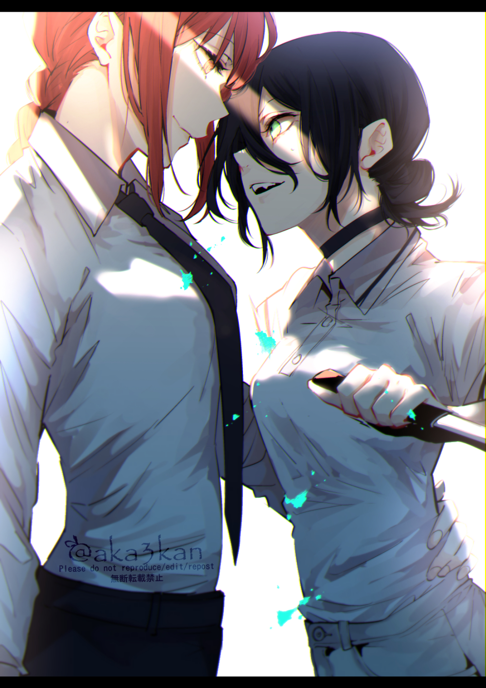 2girls aka_mikan arm_around_waist black_choker black_hair black_neckwear braid braided_ponytail breasts chainsaw_man choker closed_mouth collared_shirt commentary cowboy_shot dress_shirt face-to-face fang from_side green_eyes hair_between_eyes hair_bun highres holding holding_knife knife letterboxed light_rays looking_at_another makima_(chainsaw_man) medium_breasts medium_hair multiple_girls necktie open_mouth orange_eyes paint_splatter profile redhead reze_(chainsaw_man) ringed_eyes shirt short_hair sidelocks simple_background smile sunlight sweatdrop white_background white_shirt wing_collar