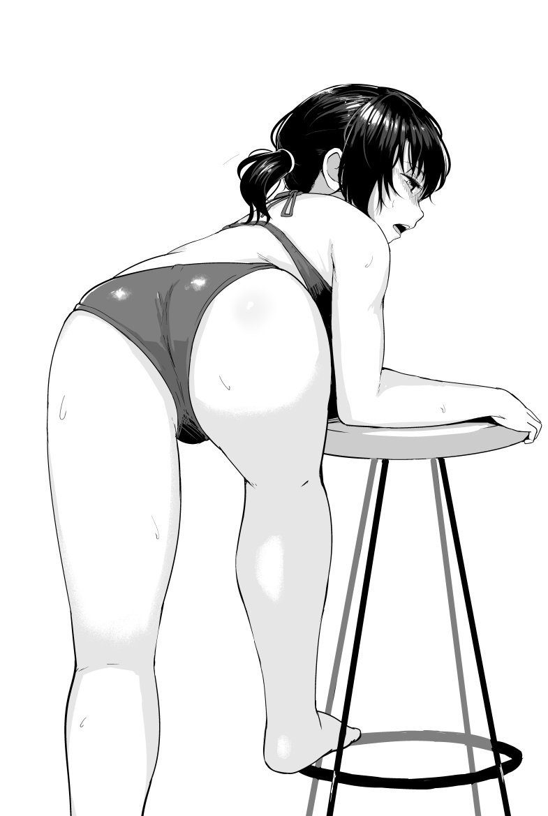 1girl alternate_costume ass bare_arms bare_legs bare_shoulders barefoot bent_over bikini blush chair commentary_request from_behind fubuki_(kancolle) greyscale kantai_collection low_ponytail monochrome one-piece_swimsuit open_mouth ponytail satsuki_neko short_hair short_ponytail solo sweat swimsuit thighs