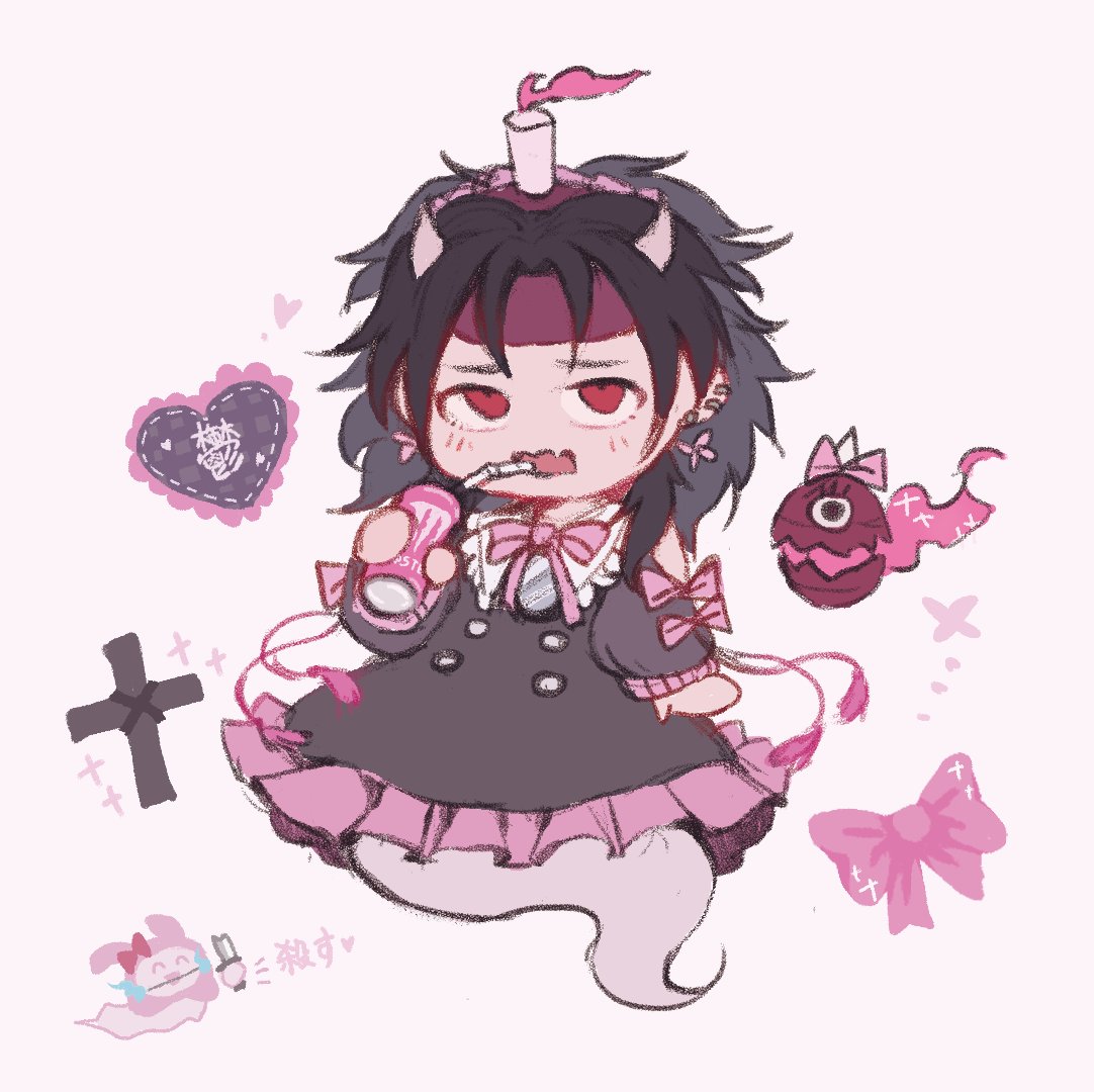 1other alternate_costume androgynous black_hair can candle chibi dress energy_drink fangs ghost ghost_tail hairband holding holding_can horns lamp len'en monster_energy red_eyes short_hair solo taira_no_chouki