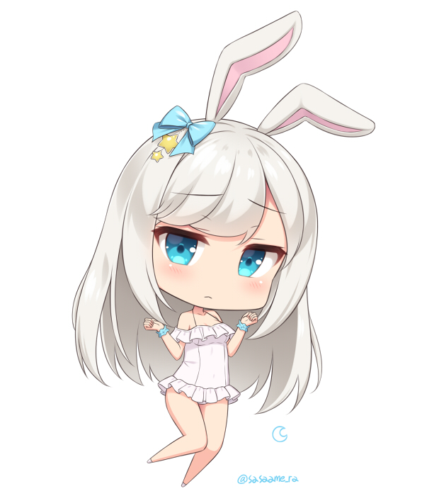 1girl animal_ears bare_legs bare_shoulders blue_bow blue_eyes blush bow chibi closed_mouth eyebrows_visible_through_hair frilled_swimsuit frills frown full_body hair_bow hands_up jitome long_hair looking_at_viewer off-shoulder_swimsuit off_shoulder one-piece_swimsuit original rabbit_ears sasaame scrunchie simple_background solo swimsuit twitter_username white_background white_hair white_swimsuit wrist_scrunchie