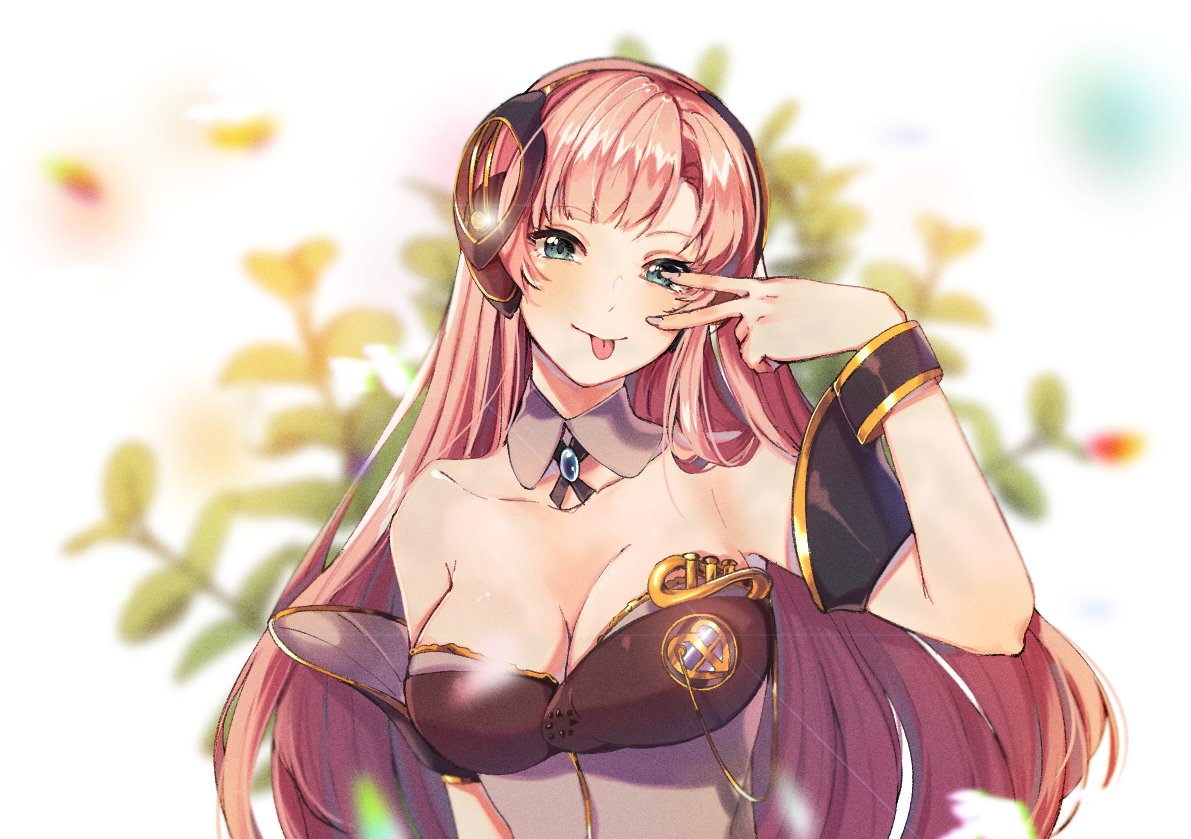 1girl :p armband blurry blurry_background breasts collarbone commentary detached_collar dress floral_background gold_trim large_breasts long_hair looking_at_viewer megurine_luka pink_hair plant solo strapless strapless_dress tongue tongue_out upper_body v v_over_eye very_long_hair vocaloid white_background wrist_cuffs yen-mi