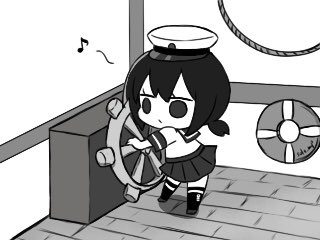 1girl chibi commentary_request eighth_note fubuki_(kancolle) full_body hat kantai_collection karin. kneehighs lifebuoy long_hair low_ponytail lowres musical_note parody peaked_cap ponytail school_uniform serafuku ship's_wheel short_ponytail solid_circle_eyes solo standing steamboat_willie