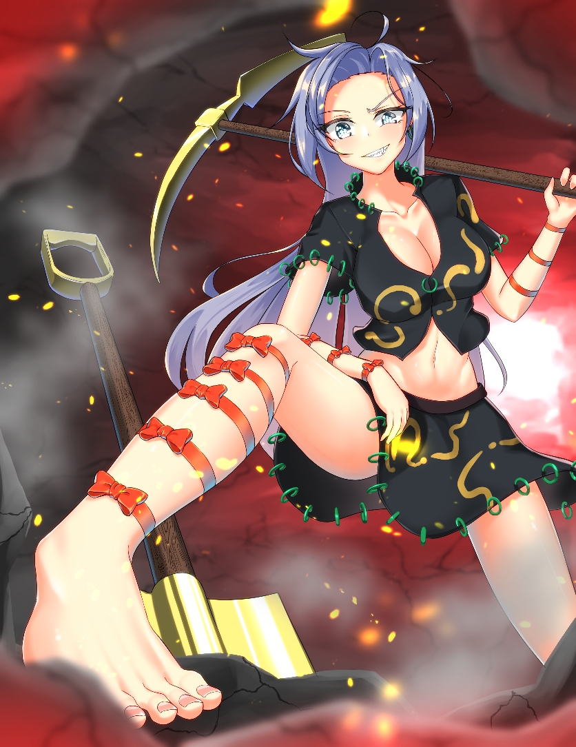 1girl barefoot breasts cave grey_eyes grey_hair grin himemushi_momoyo holding_pickaxe large_breasts leg_ribbon leo23 long_hair midriff pickaxe ribbon shovel skirt smile touhou