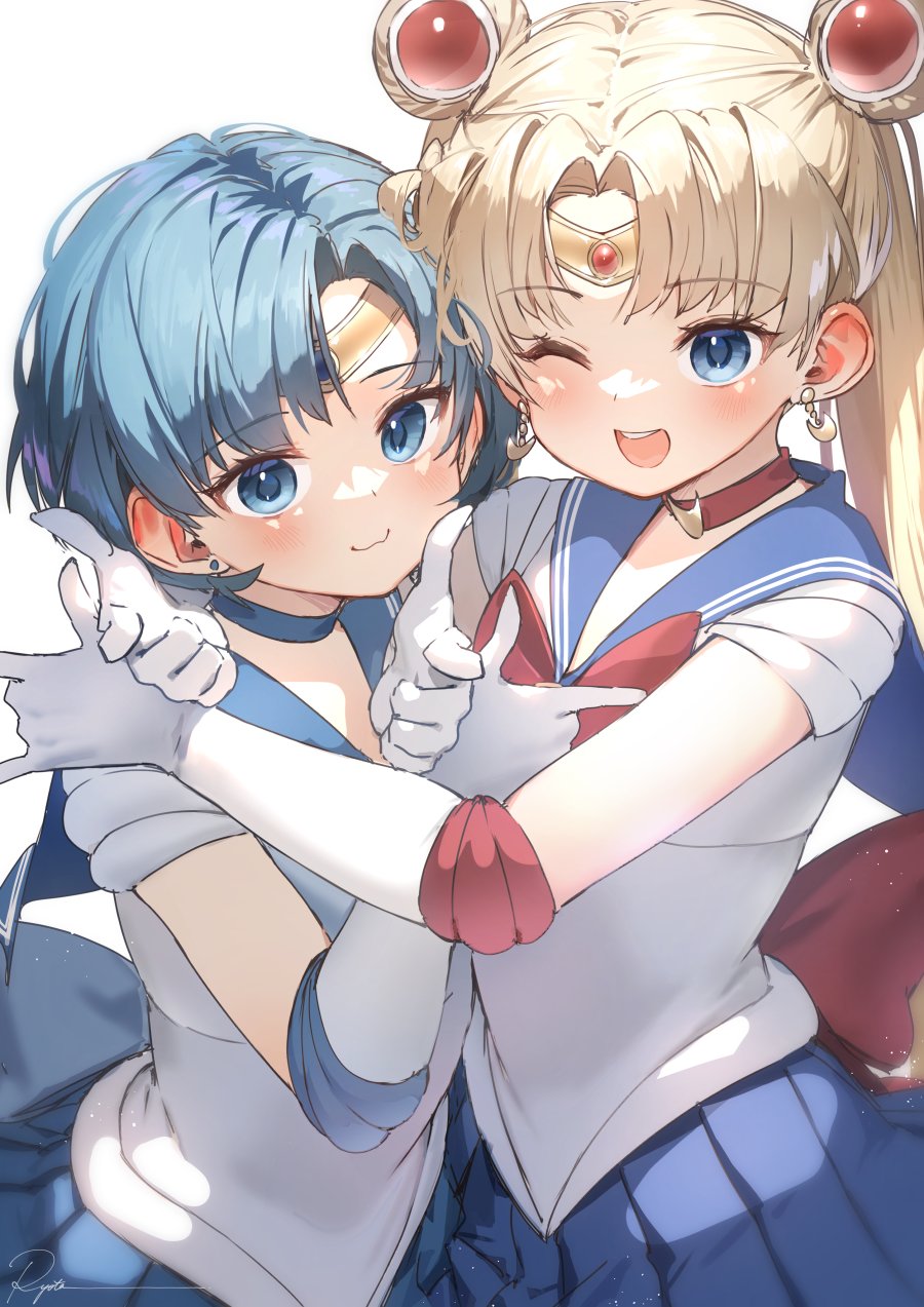 2girls ;d arm_around_neck bangs bishoujo_senshi_sailor_moon blonde_hair blue_choker blue_eyes blue_hair blue_sailor_collar blue_skirt blush bow choker circlet closed_mouth crescent crescent_earrings double_bun earrings elbow_gloves gloves highres jewelry long_hair looking_at_viewer mizuno_ami multiple_girls one_eye_closed open_mouth parted_bangs pleated_skirt red_bow red_choker ryota_(ry_o_ta) sailor_collar sailor_moon school_uniform serafuku short_hair signature skirt smile tsuki_ni_kawatte_oshioki_yo tsukino_usagi twintails upper_body white_gloves