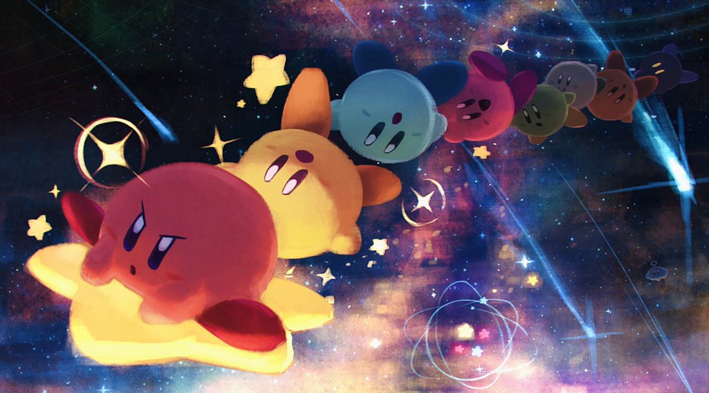 alternate_color blush_stickers comet flying furrowed_brow kirby kirby_(series) multiple_others nebula no_humans open_mouth smile space star_(sky) star_(symbol) super_smash_bros. suyasuyabi warp_star