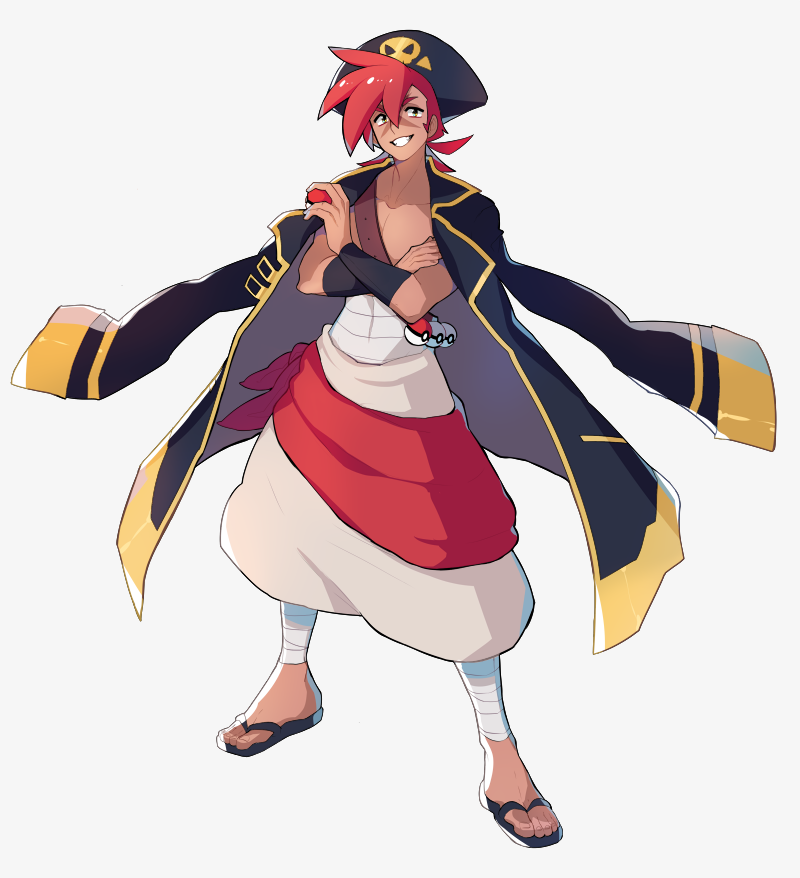 1boy azuumori bandages black_coat black_footwear character_request coat coat_on_shoulders full_body hair_between_eyes hat holding holding_poke_ball medium_hair parted_lips pirate_hat poke_ball pokemon redhead sandals scar scar_on_face simple_background smile solo standing white_background