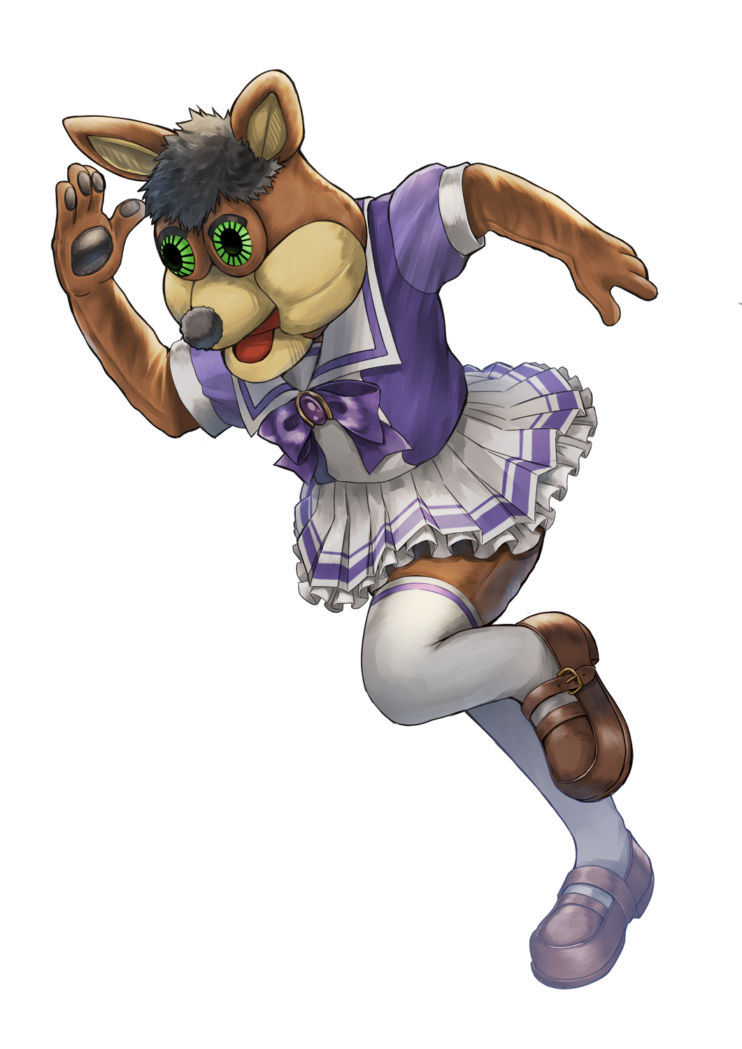 1other bow bowtie commentary_request frilled_skirt frills hand_up highres mascot miniskirt national_basketball_association pleated_skirt pose puffy_short_sleeves puffy_sleeves purple_footwear purple_neckwear purple_shirt sailor_collar sailor_shirt san_antonio_spurs school_uniform serafuku shirt shoes short_sleeves simple_background skirt standing standing_on_one_leg the_coyote_(san_antonio_spurs) thigh-highs tracen_school_uniform umamusume what white_background white_legwear white_skirt yakkuro zettai_ryouiki