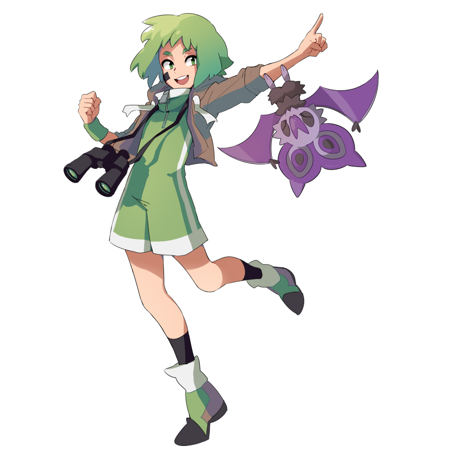 1girl arm_up azuumori bangs binoculars black_legwear brown_jacket character_request drawstring gen_6_pokemon green_footwear green_hair index_finger_raised jacket long_sleeves medium_hair noibat open_mouth pokemon pokemon_(creature) shadow shoes simple_background smile socks solo white_background