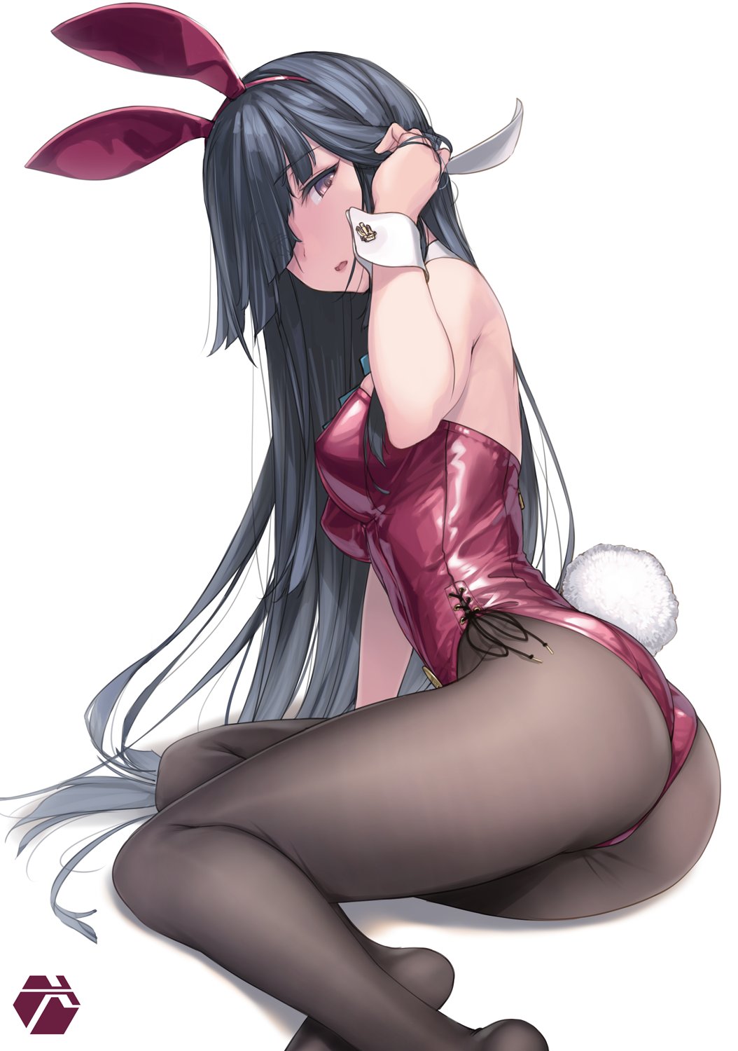 1girl alternate_costume animal_ears ass black_hair black_legwear blush bow bowtie breasts bunny_tail commentary_request dated detached_collar eyebrows_visible_through_hair fake_animal_ears fake_tail hair_over_one_eye hand_in_hair hayashimo_(kancolle) highres kantai_collection leotard long_hair looking_at_viewer medium_breasts pantyhose playboy_bunny purple_leotard rabbit_ears red_leotard revision ribbon rokuwata_tomoe side-tie_leotard signature simple_background sitting solo strapless strapless_leotard tail twitter_username white_background wrist_cuffs yokozuwari