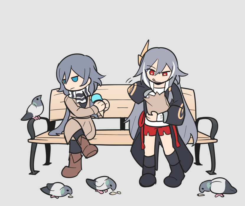 2girls bag bangs bench bird black_coat black_footwear black_hair blue_eyes boots brown_bag brown_coat brown_footwear casual coat crossed_legs dual_persona feeding food fu_hua fu_hua_(herrscher_of_sentience) full_body grey_background hair_between_eyes hair_ornament holding holding_food honkai_(series) honkai_impact_3rd ice_cream ice_cream_cone long_hair long_sleeves multicolored_hair multiple_girls paper_bag ponytail red_eyes simple_background sitting standing streaked_hair tongue tongue_out zaraku