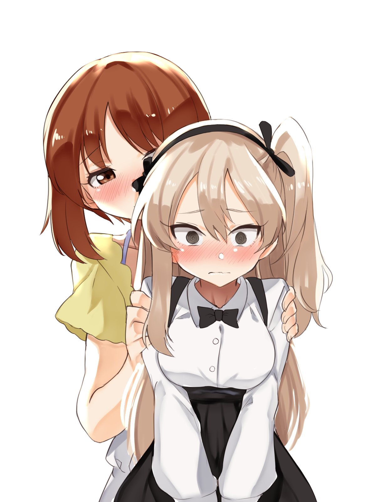 2girls @_@ asai_makoto bangs black_neckwear black_ribbon black_skirt blush bow bowtie brown_eyes brown_hair casual collared_shirt commentary_request girls_und_panzer hair_ribbon half-closed_eyes hands_on_another's_shoulders high-waist_skirt highres light_brown_hair long_hair long_sleeves looking_at_another multiple_girls nishizumi_miho one_side_up ribbon shimada_arisu shirt short_hair simple_background skirt standing suspender_skirt suspenders v_arms white_background white_shirt yuri