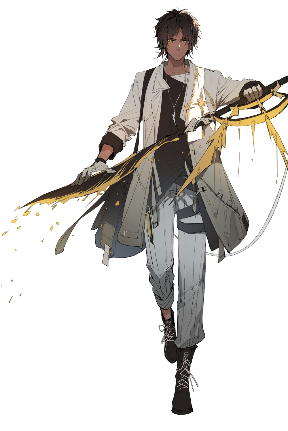 1boy arknights black_footwear black_shirt boots brown_hair cross-laced_footwear full_body gloves highres holding holding_weapon jacket long_sleeves looking_at_viewer male_focus pants shirt short_hair simple_background solo thorns_(arknights) walking weapon white_background white_gloves white_jacket white_pants xiandao1213 yellow_eyes