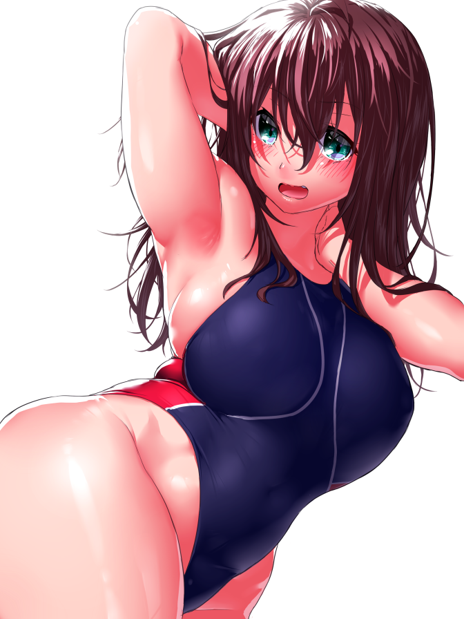 1girl arm_behind_head arm_up armpits bangs bare_shoulders blue_swimsuit blush breasts brown_hair green_eyes highleg highleg_swimsuit large_breasts long_hair looking_at_viewer one-piece_swimsuit onsoku_inu open_mouth original solo swimsuit thighs