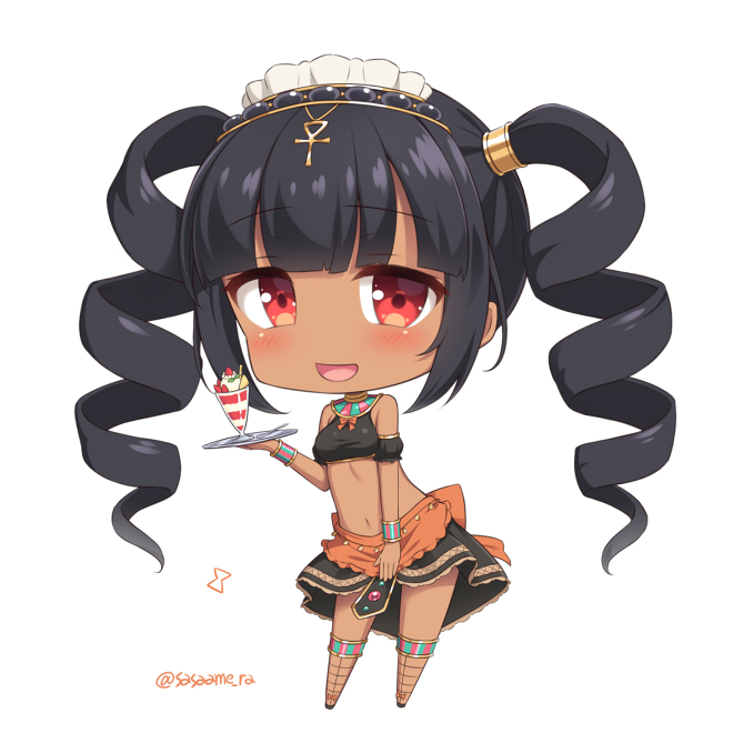 1girl :d bare_shoulders black_hair black_skirt blush chibi dark-skinned_female dark_skin drill_hair food full_body holding holding_tray ice_cream ice_cream_cup looking_at_viewer maid_headdress navel open_mouth original red_eyes sasaame simple_background skirt smile solo stomach thigh-highs tray twin_drills twitter_username white_background wristband