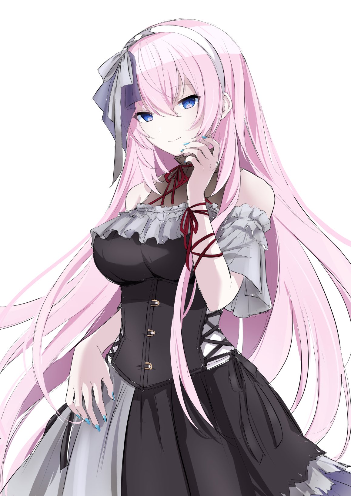 1girl aqua_nails bare_shoulders black_dress blue_eyes commentary detached_sleeves dress frilled_dress frilled_sleeves frills grey_ribbon hair_ribbon hairband hand_up highres kkr_rkgk light_smile long_hair looking_at_viewer megurine_luka nail_polish pink_hair project_sekai ribbon short_sleeves sleeveless sleeveless_dress solo upper_body very_long_hair vocaloid white_background