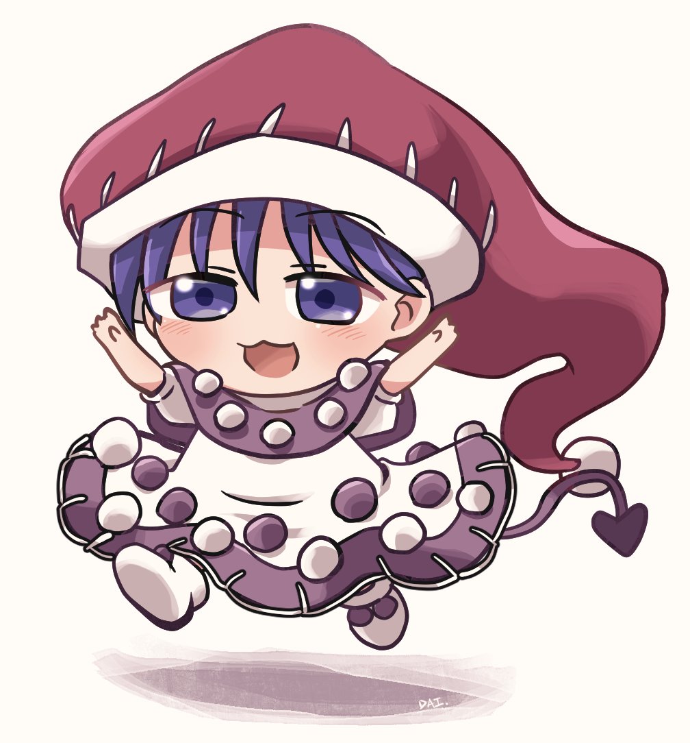 1girl :3 :d bangs black_capelet capelet doremy_sweet dress eyebrows_visible_through_hair full_body half-closed_eyes hat looking_at_viewer nightcap open_mouth pom_pom_(clothes) purple_hair red_headwear rokugou_daisuke short_hair short_sleeves signature simple_background smile solo standing tail tapir_tail touhou violet_eyes white_background white_dress white_footwear