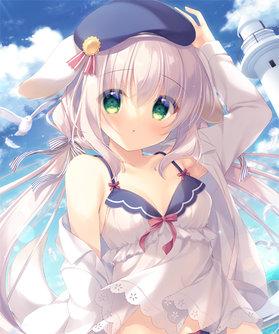 1girl :o animal animal_ears arm_up babydoll bangs beret bird blue_headwear blue_panties blush bow bow_panties breasts commentary_request day dog_ears dog_girl dog_tail eyebrows_visible_through_hair green_eyes hair_between_eyes hat lighthouse long_hair long_sleeves looking_at_viewer low_twintails medium_breasts off_shoulder open_clothes open_shirt original outdoors panties parted_lips seagull see-through shirt solo tail twintails underwear upper_body very_long_hair white_hair white_shirt yukie_(peach_candy)