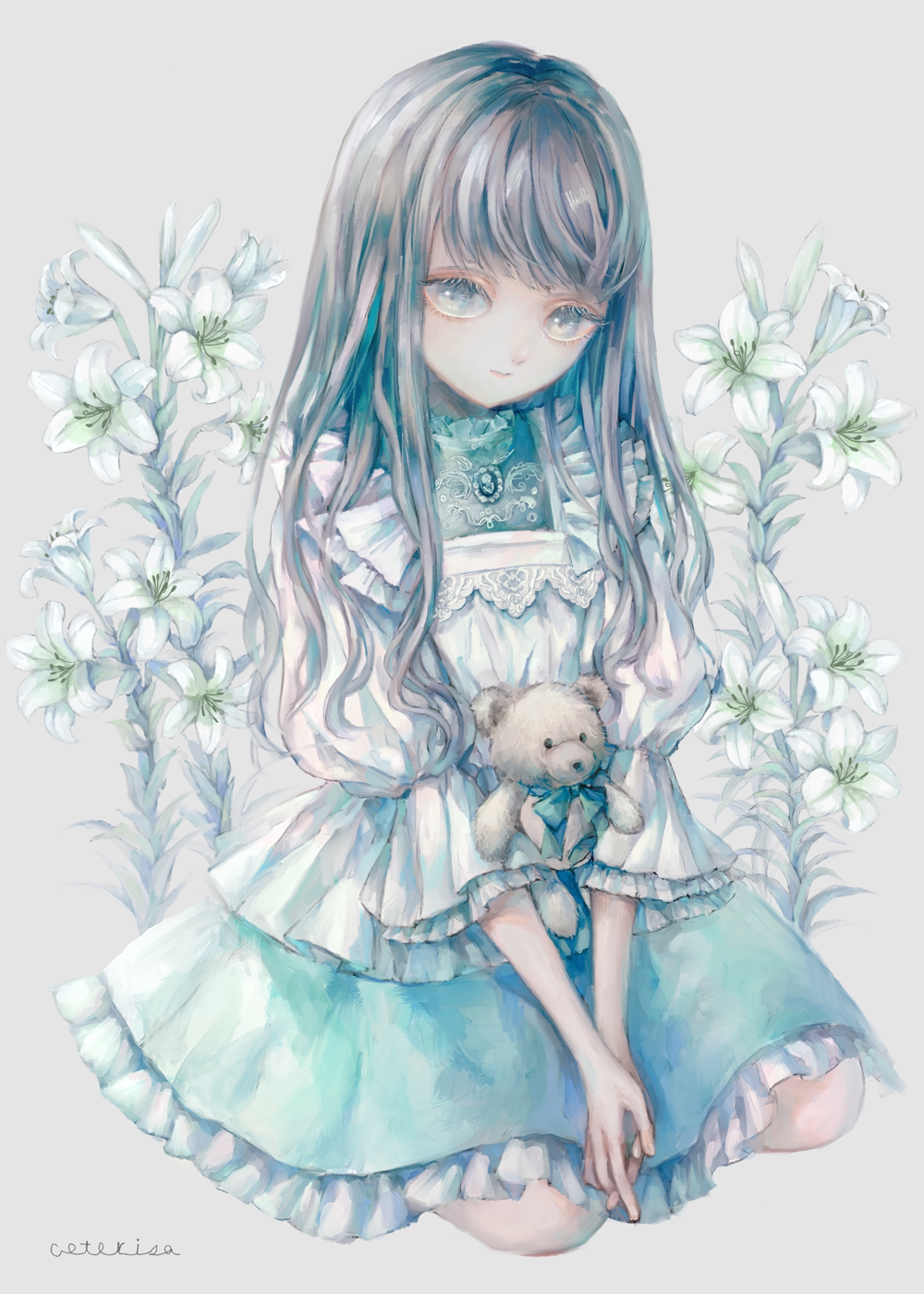 1girl artist_name blue_dress brooch brown_hair cotolier_risa dress english_commentary flower highres jewelry lily_(flower) long_hair looking_at_viewer original simple_background sitting smile solo stuffed_animal stuffed_toy teddy_bear