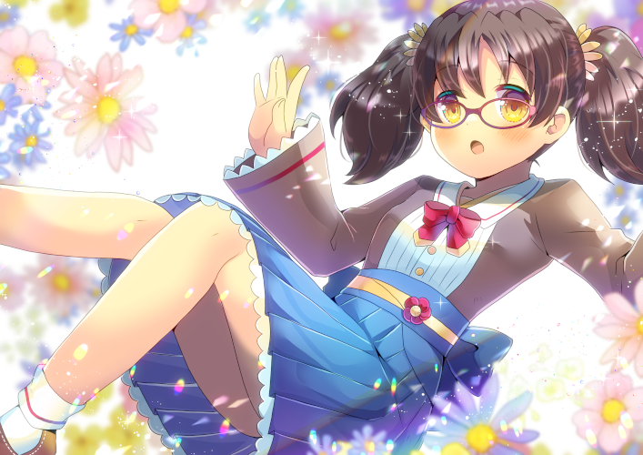 1girl :o bangs blue_flower blue_skirt blurry blurry_background blurry_foreground blush bow brown_eyes brown_footwear brown_hair brown_jacket collared_shirt commentary_request eyebrows_visible_through_hair feet_out_of_frame floral_background flower glasses jacket knee_up kouu_hiyoyo long_sleeves open_clothes open_jacket open_mouth original pink_flower pleated_skirt red-framed_eyewear red_bow shirt shoes skirt sleeves_past_wrists socks solo twintails white_legwear white_shirt wide_sleeves yellow_flower