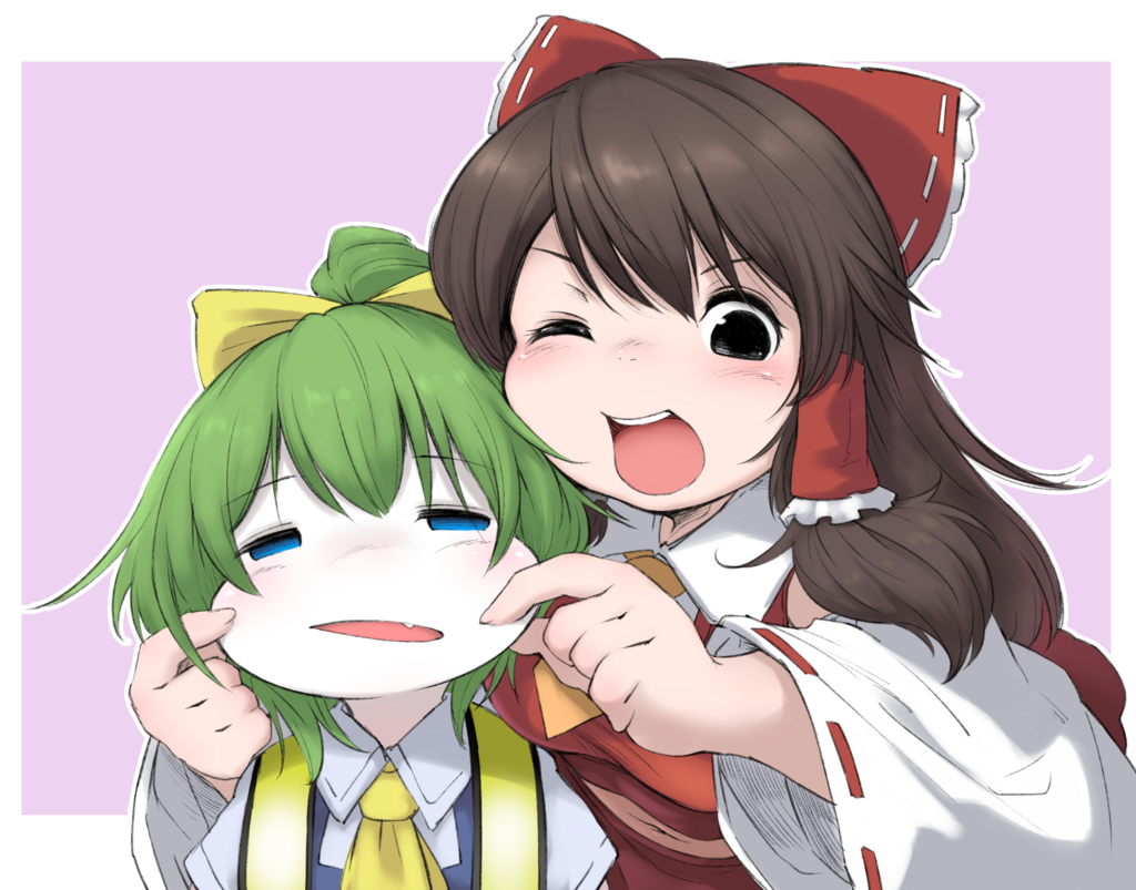 2girls bangs black_eyes blue_eyes blue_vest blush border bow breasts brown_hair cheek_pinching collared_shirt cookie_(touhou) daiaa_nisei daiyousei detached_sleeves diyusi_(cookie) eyebrows_visible_through_hair frilled_bow frills green_hair hair_between_eyes hair_bow hakurei_reimu high-visibility_vest long_hair looking_at_viewer medium_breasts medium_hair multiple_girls noel_(cookie) one_eye_closed open_mouth pinching pink_background ponytail red_bow red_shirt ribbon-trimmed_sleeves ribbon_trim shirt simple_background touhou upper_body vest white_border white_shirt white_sleeves yellow_bow yellow_neckwear